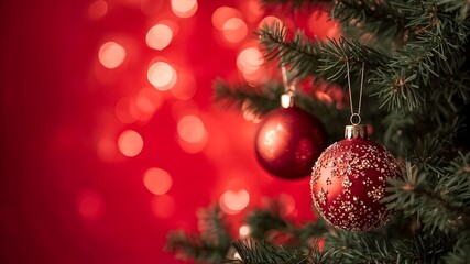 Close-up of red Christmas ornaments hanging on a green tree with glowing bokeh lights in the background, creating a warm and festive holiday atmosphere.