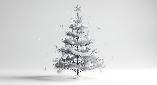 Elegant silver Christmas tree adorned with minimalist white ornaments and snowflakes.