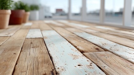 Close-up Macro View Of Rustic Weathered Wooden Floor Planks With Faded White Paint Accents In Natural Sunlight