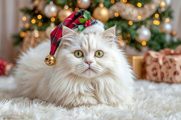 White cat lying on a soft fluffy carpet wearing a red Santa hat with Christmas lights glowing in the background. Cozy festive atmosphere symbolizing warmth, comfort, and holiday spirit.