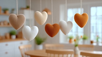 Close Up Macro View Of Seven Fluffy Heart Shaped Decorations In Various Neutral Tones Hanging In A Bright Cozy Kitchen With Natural Light