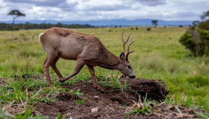 Young Deer with Antlers Grazing in Open Grassland Under Cloudy Sky