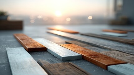 Close up Macro View of Varied Wooden Slat Textures and Patterns on a Concrete Surface With Soft Golden Sunset Light in the Background