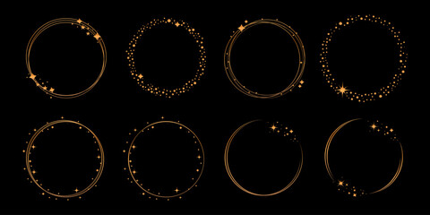 Collection of elegant golden circle frames decorated with stars, sparkles, and stardust. Set of eight celestial round borders isolated on a black background. © JustPrint