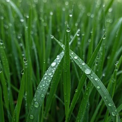 Extremely sharp blades of emerald grass covered in pristine morning dew drops, highlighting freshness and vivid natural clarity ,field ,macro ,summer