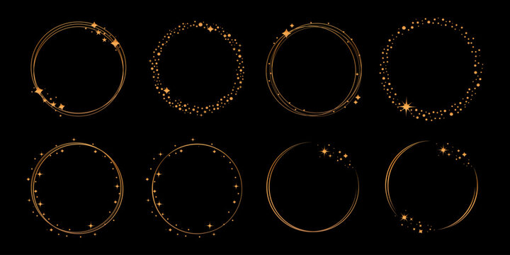 Collection of elegant golden circle frames decorated with stars, sparkles, and stardust. Set of eight celestial round borders isolated on a black background.