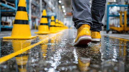 Factory worker walking on wet floor by caution cones for safety. Ideal for illustrating workplace hazards and safety protocols.