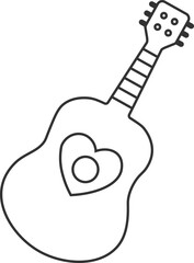Minimalist black and white illustration of an acoustic guitar with a love shape isolated on a white background
