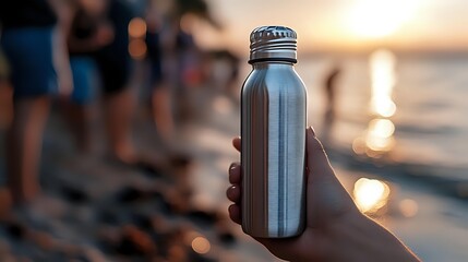 Reusable stainless steel water bottle held at sunset by beach, with blurred people in background and golden light reflecting on water surface.