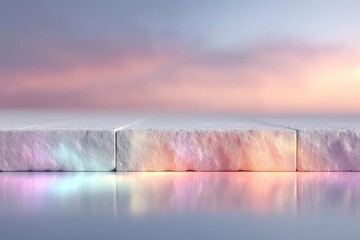 Abstract Rainbow Light Spectrum Reflected On Textured Blocks With Soft Bokeh Sky Background And Subtle Sunrise Glow