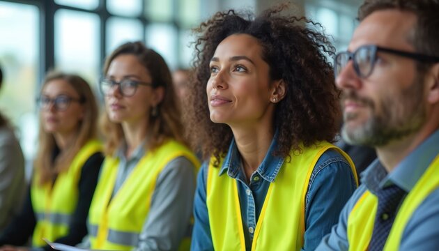 Diverse office team in safety vests attends health awareness workshop. People listen attentively in a modern indoor meeting. Workers focus on training, learning vital workplace procedures and safety.