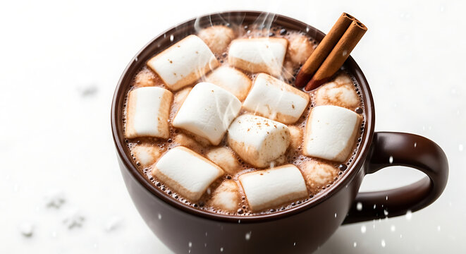 Steaming mug of hot chocolate with marshmallows and cinnamon sticks - Powered by Adobe