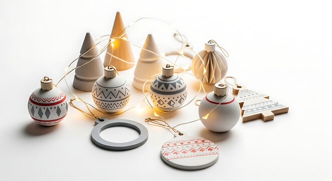 Minimalist Christmas decorations on white, featuring ornaments, trees, and string lights
