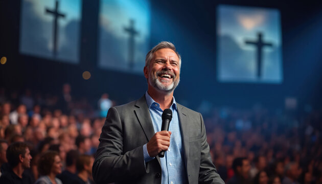 Smiling man with microphone leads church service. Pastor speaks to happy congregation. Christian faith and community gather for worship and spiritual guidance.
