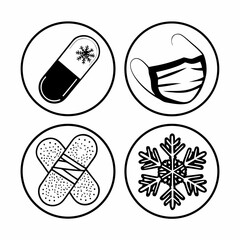 Winter health icons with medicine, mask, bandage, and snowflake isolated on white