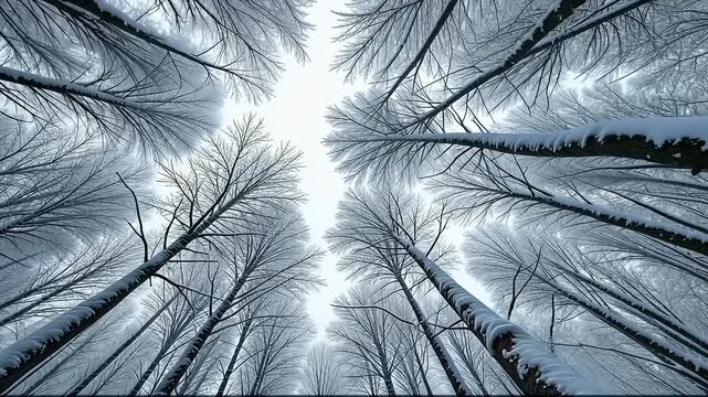 Winter Majesty: A serene upward view of snow-laden trees reaching for the sky