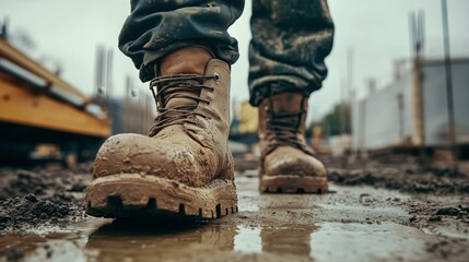 Dirty work boots in puddles on the construction site. Low shooting point, pronounced dirt texture. The topic of labor and harsh conditions.