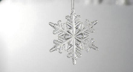 Sparkling snowflake ornament shimmering against a soft, gradient gray background.