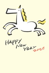 Fototapeta premium 墨絵の走る白馬のポップな和モダン年賀状 2026 手書き文字