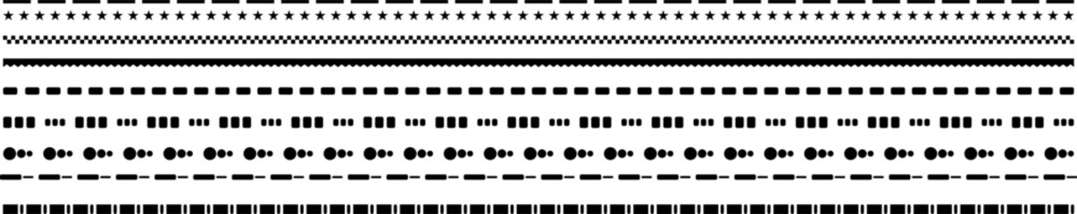 Dotted and dashed line dividers collection. dashed straight lines of different styles. different lines for notebook pages, divider border, Vector design elements.