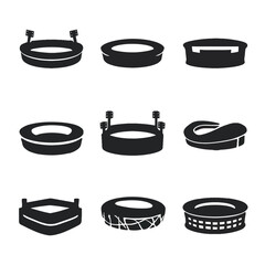 Black Silhouette Different Stadium Arena Architecture Structure Building Minimalist Icon Set