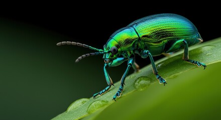 Fototapeta premium Extreme macro photograph of a vivid green beetle clinging to a damp leaf, showing incredible detail in the exoskeleton and segmented legs ,green ,body ,wild