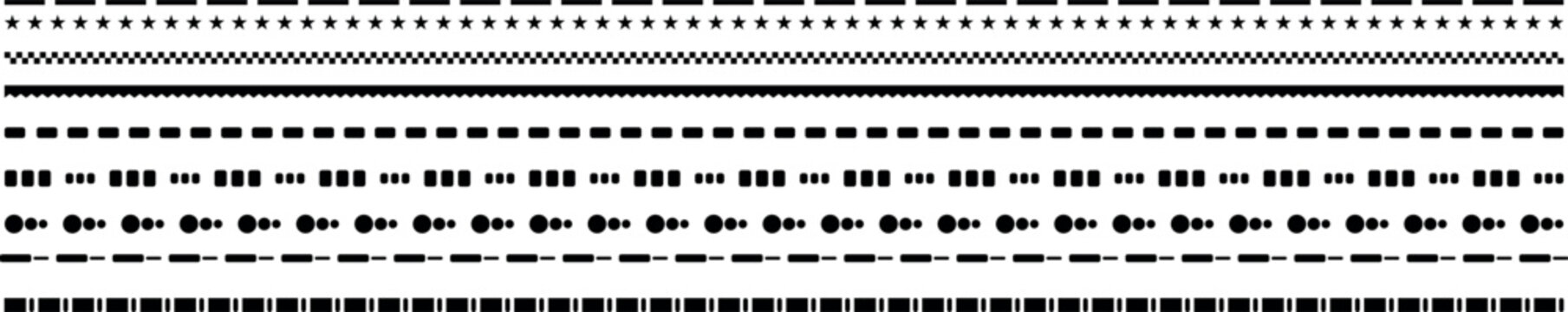 Dotted and dashed line dividers collection. dashed straight lines of different styles. different lines for notebook pages, divider border, Vector design elements.