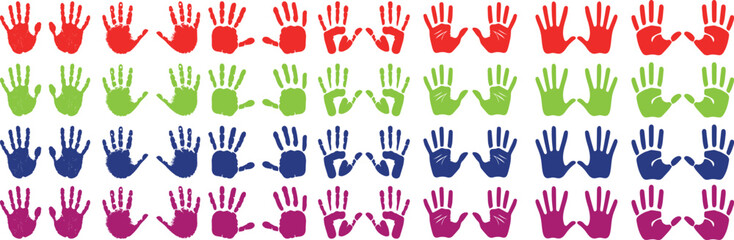 Fototapeta premium Colorful rainbow handprint collection. multicolor different hand prints, Perfect for kids designs, creative backgrounds, and playful decor, Left and right hand print set.