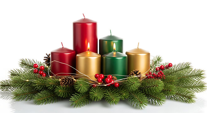 Festive Christmas advent wreath with bright candles and holiday decorations.