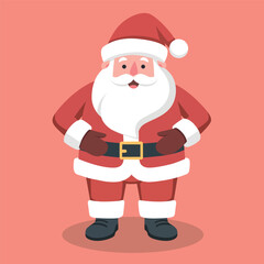 Cute santa claus standing with hands on belt in red costume and white beard