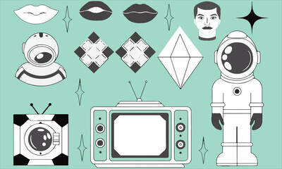 Retro-futuristic vector illustration set featuring astronauts, old televisions, diamonds, lips, and geometric shapes on a turquoise background.