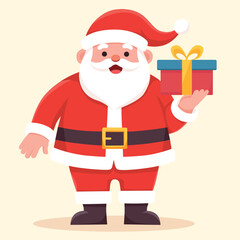 Cute santa claus holding christmas gift box and smiling in red costume