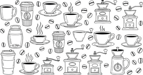 Coffee illustration pattern with cups grinders and coffee beans isolated