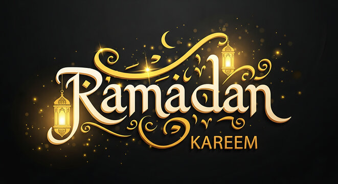 Golden Ramadan Kareem script with glowing lanterns on dark background