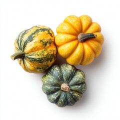 Three colorful pumpkins arranged artfully. A vibrant display of autumn harvest pumpkins with different colors and textures