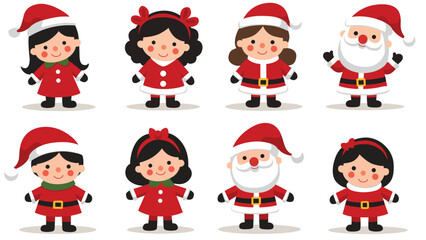Set of cute santa claus and girls in red christmas outfits smiling together