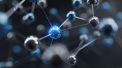 Complex three dimensional molecular structure network glows with internal blue light