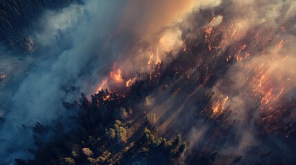 Aerial view captures intense wildfire consuming dense forest foliage under heavy smoke