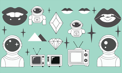 Retro-futuristic vector illustration set featuring astronauts, old televisions, diamonds, lips, and geometric shapes on a turquoise background.