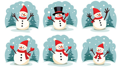 Set of cute snowmen in different poses wearing hats and scarves on snowy winter background