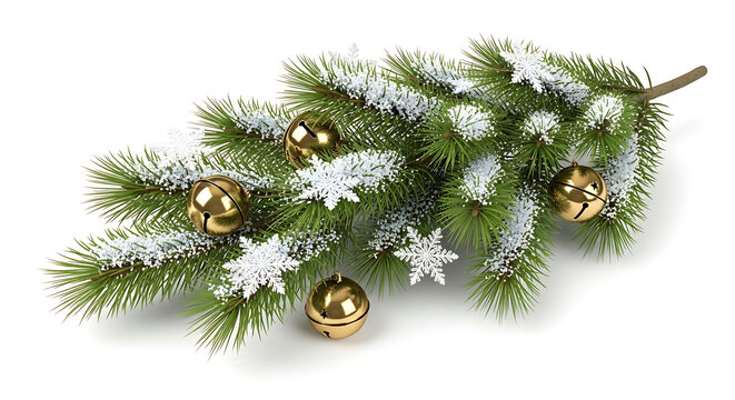 Festive Christmas Fir Branch Ornamented with Golden Bells and Snowflakes