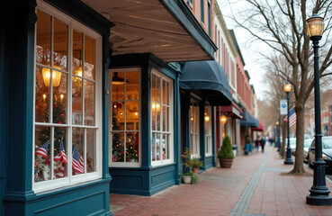 Small town main street shopfront view decorated for Christmas holiday season. American flags visible on display. Quaint stores with light on windows. Classic street view with architecture and lights.