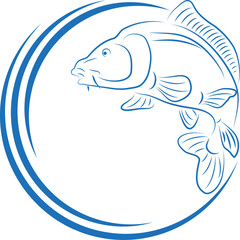 Karpfen und Kreise, Wellen in blau gezeichnet, Karpfen, Fisch, Logo, Angeln, Sport, Icon