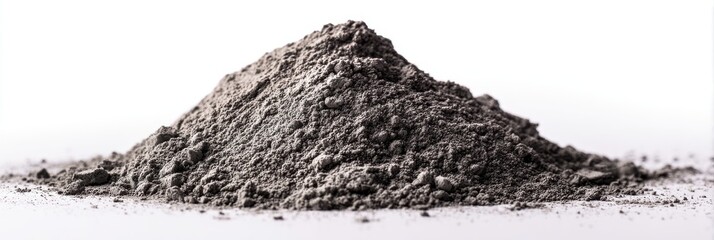 Elegant photo of pile of grey ash isolated on white background.