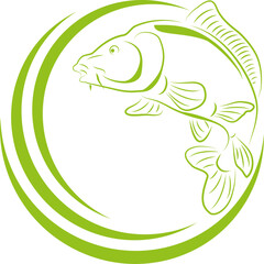 Karpfen und Kreise in grün gezeichnet, Karpfen, Fisch, Logo, Angeln, Sport, Icon