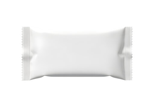 White rectangular flow pack pillow pouch sachet snack food packaging sealed wrapper mockup template, isolated on white or transparent background. PNG