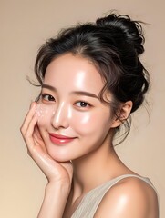 Naklejka premium Young Asian woman with glowing skin and messy bun hairstyle touching face, showcasing natural makeup look against neutral beige background.