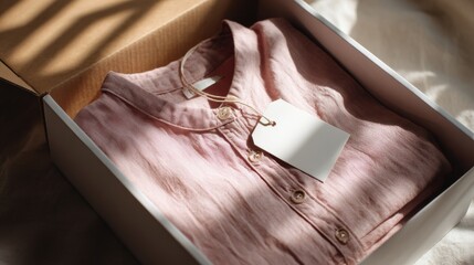 Elegant photo of pink linen shirt folded in a cardboard box with a blank tag.