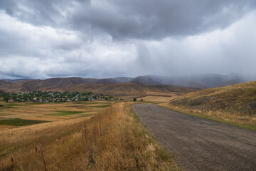 Smoky landmark with settlements and fileds, Armenia
