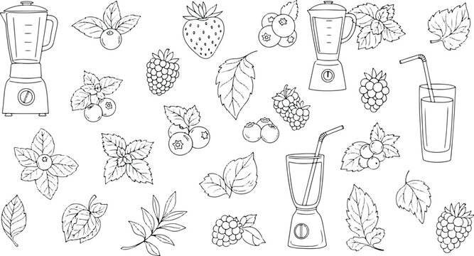 Seamless pattern of smoothie ingredients with blenders and fresh berries